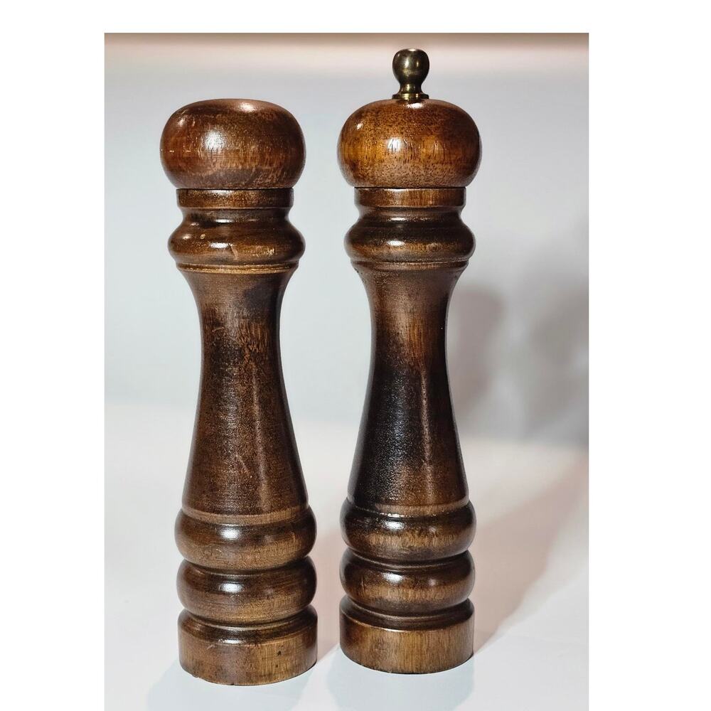 Solid Cherry Wood Vintage 1970s Tall Salt Shaker and Pepper Grinder Japan